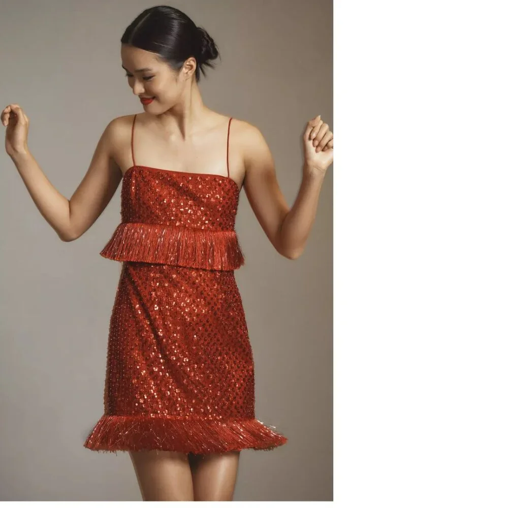 Anthropologie Saylor Caitriona Sequin Fringe Mini Dress XS new nwt red - Picture 1 of 7